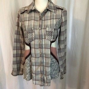 Gimmicks by BKE XS Women's Grey Plaid Flannel w Knit Sweater Insets Boho Artsy